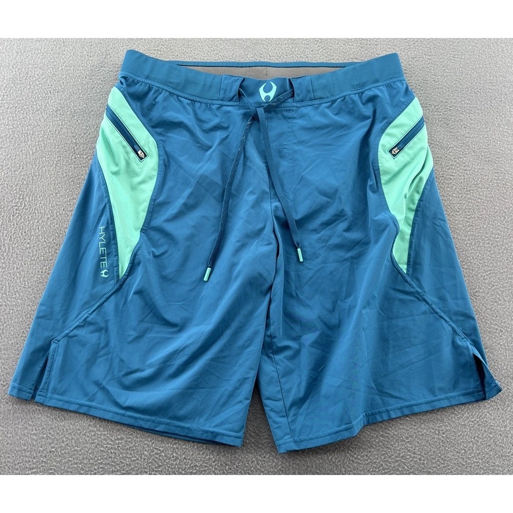 Hylete Training Shorts Mens Sz L Athletic Blue Teal Zipper Pockets Crossfit Gym